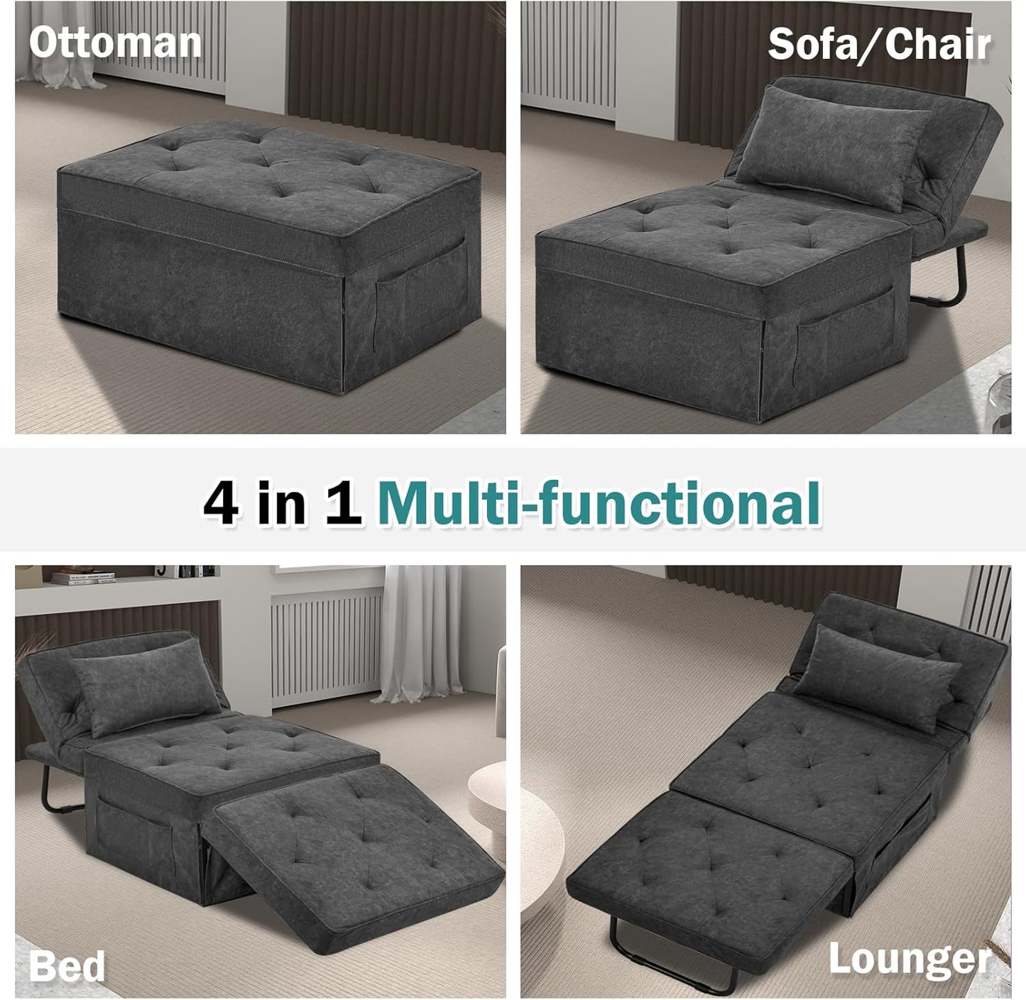 Modern 4-in-1 Sleeper Chair, Folding Sofa Bed Ottoman
