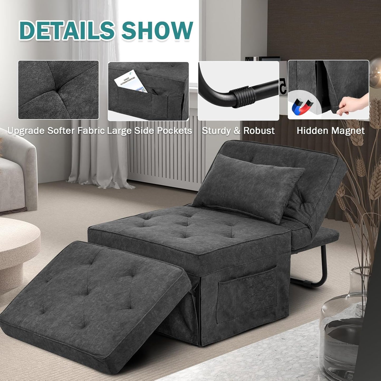 Modern 4-in-1 Sleeper Chair, Folding Sofa Bed Ottoman