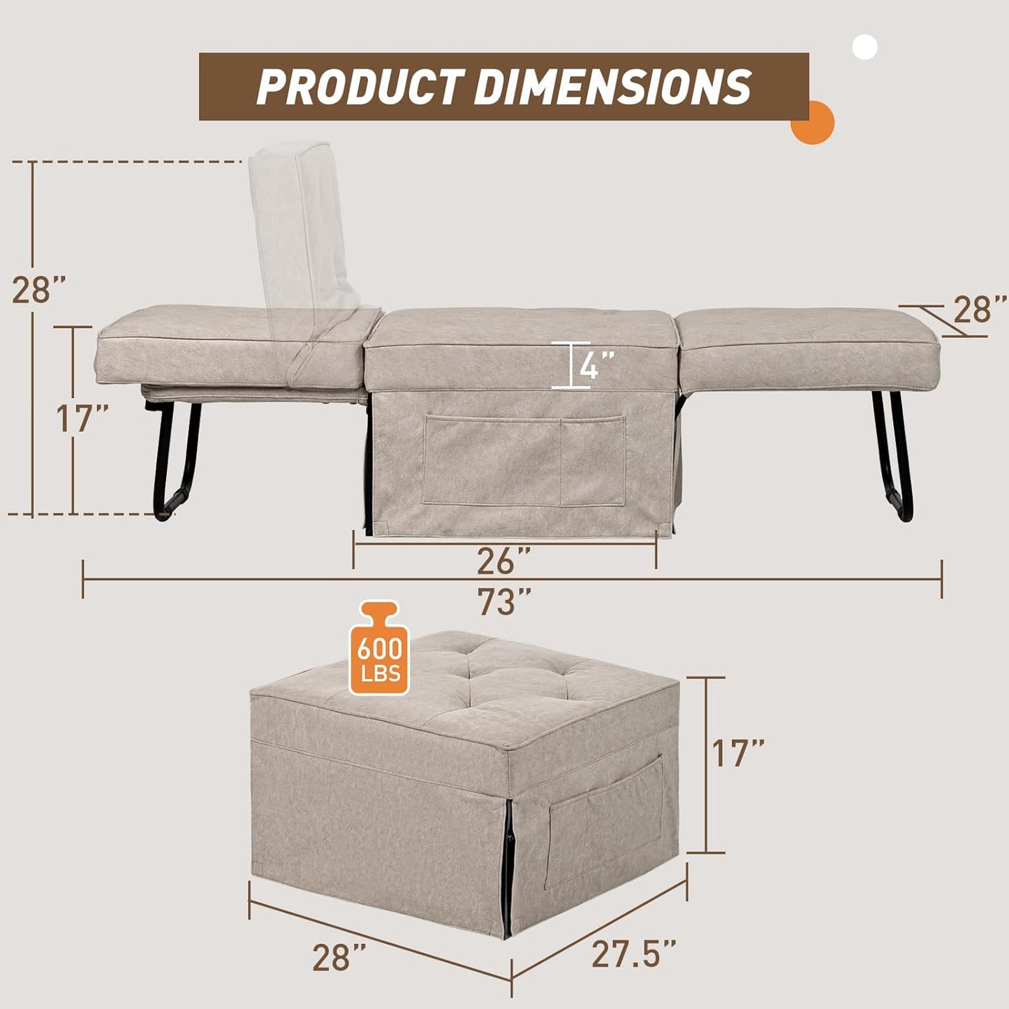 Modern 4-in-1 Sleeper Chair, Folding Sofa Bed Ottoman