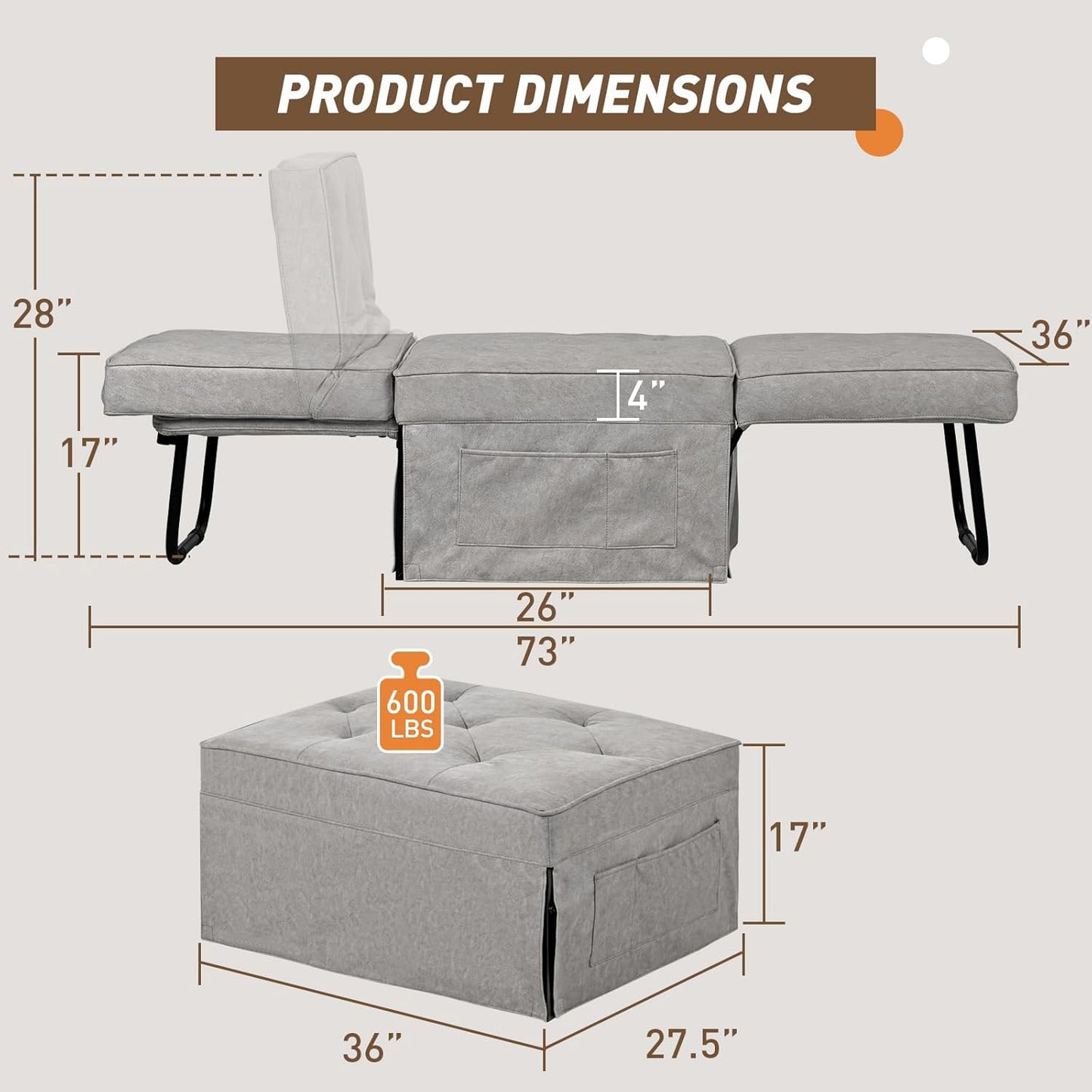 Modern 4-in-1 Sleeper Chair, Folding Sofa Bed Ottoman