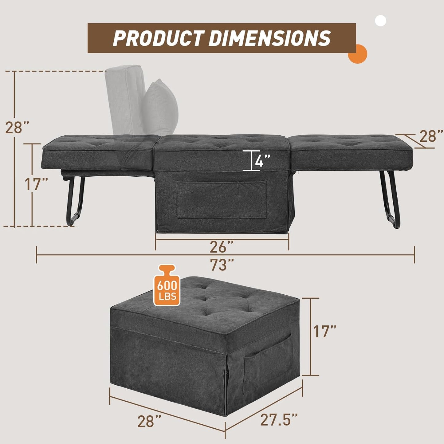 Modern 4-in-1 Sleeper Chair, Folding Sofa Bed Ottoman