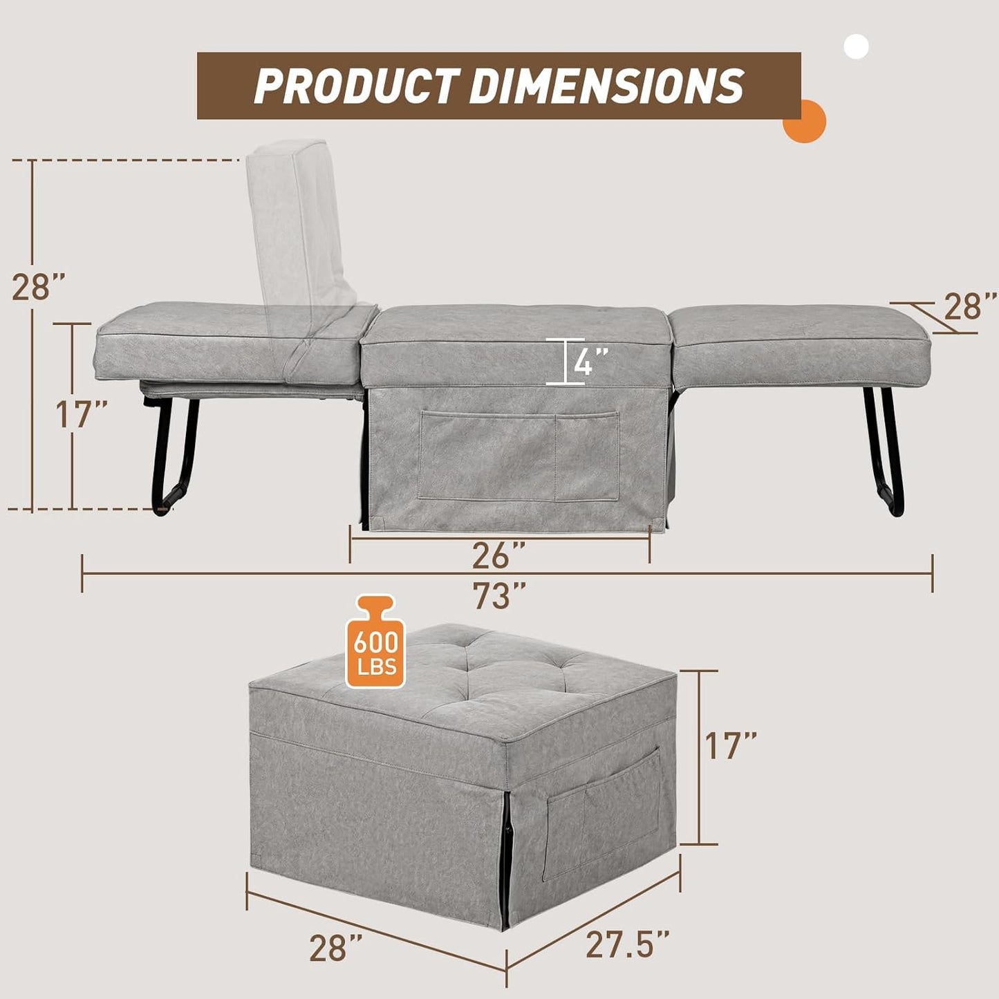Modern 4-in-1 Sleeper Chair, Folding Sofa Bed Ottoman