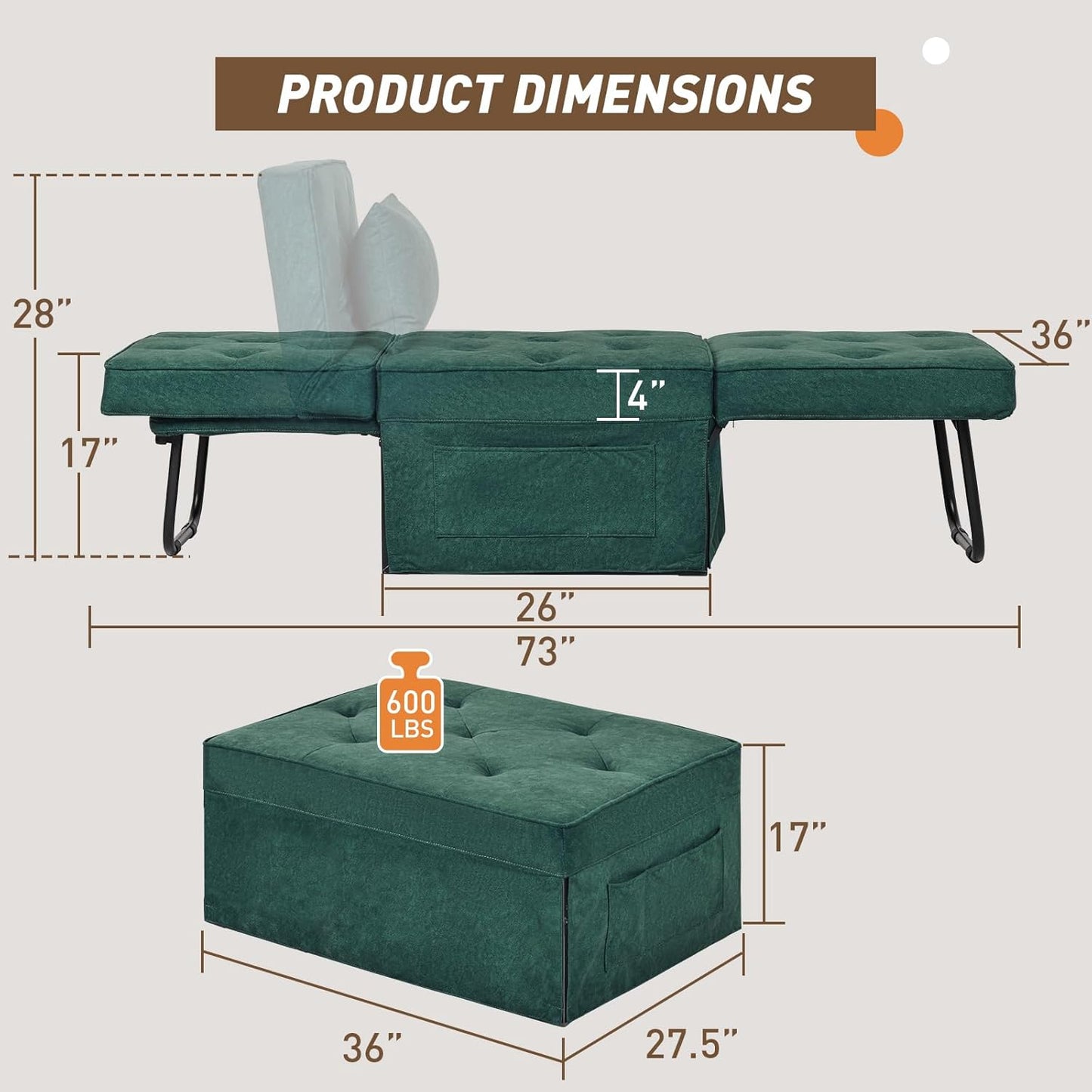 Modern 4-in-1 Sleeper Chair, Folding Sofa Bed Ottoman