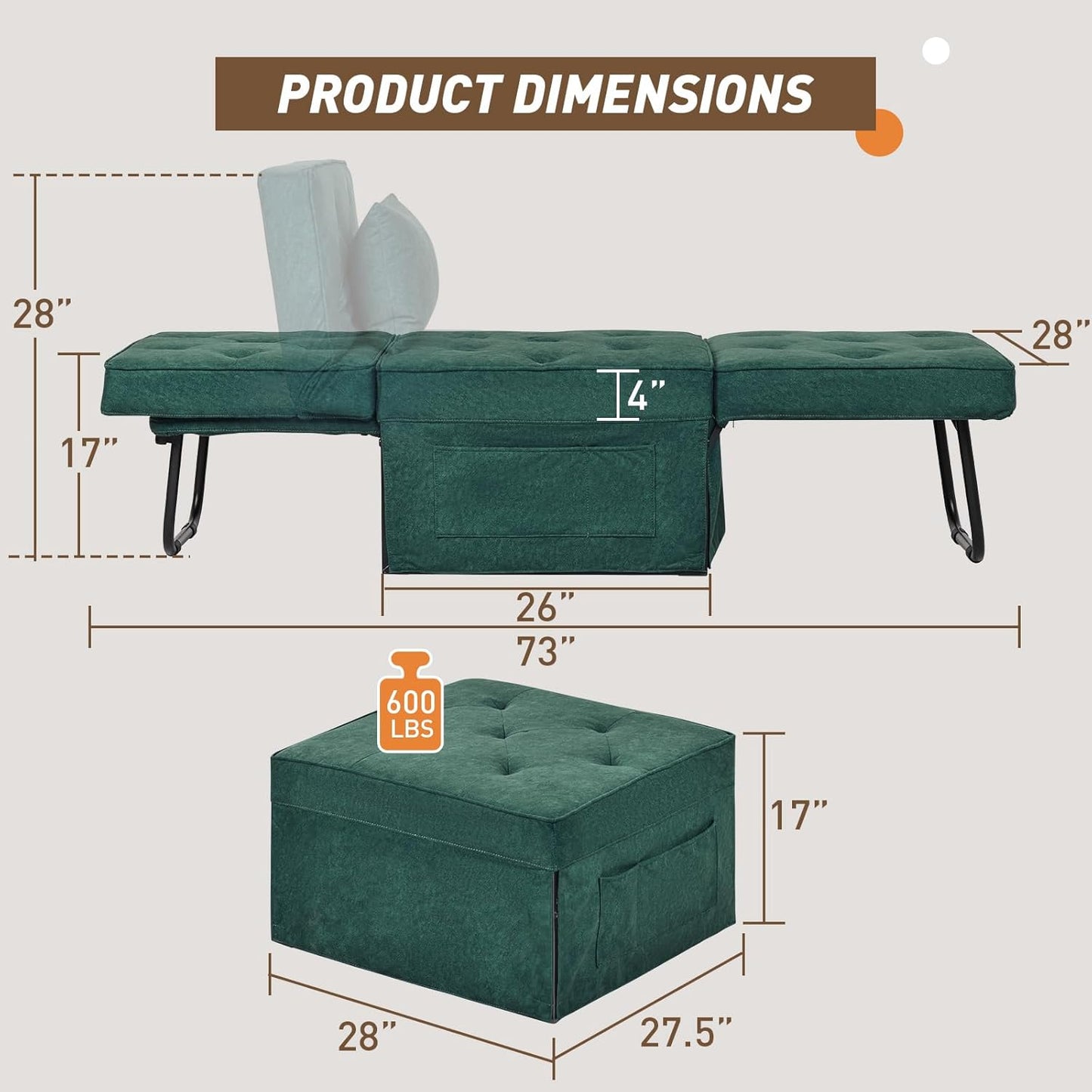 Modern 4-in-1 Sleeper Chair, Folding Sofa Bed Ottoman