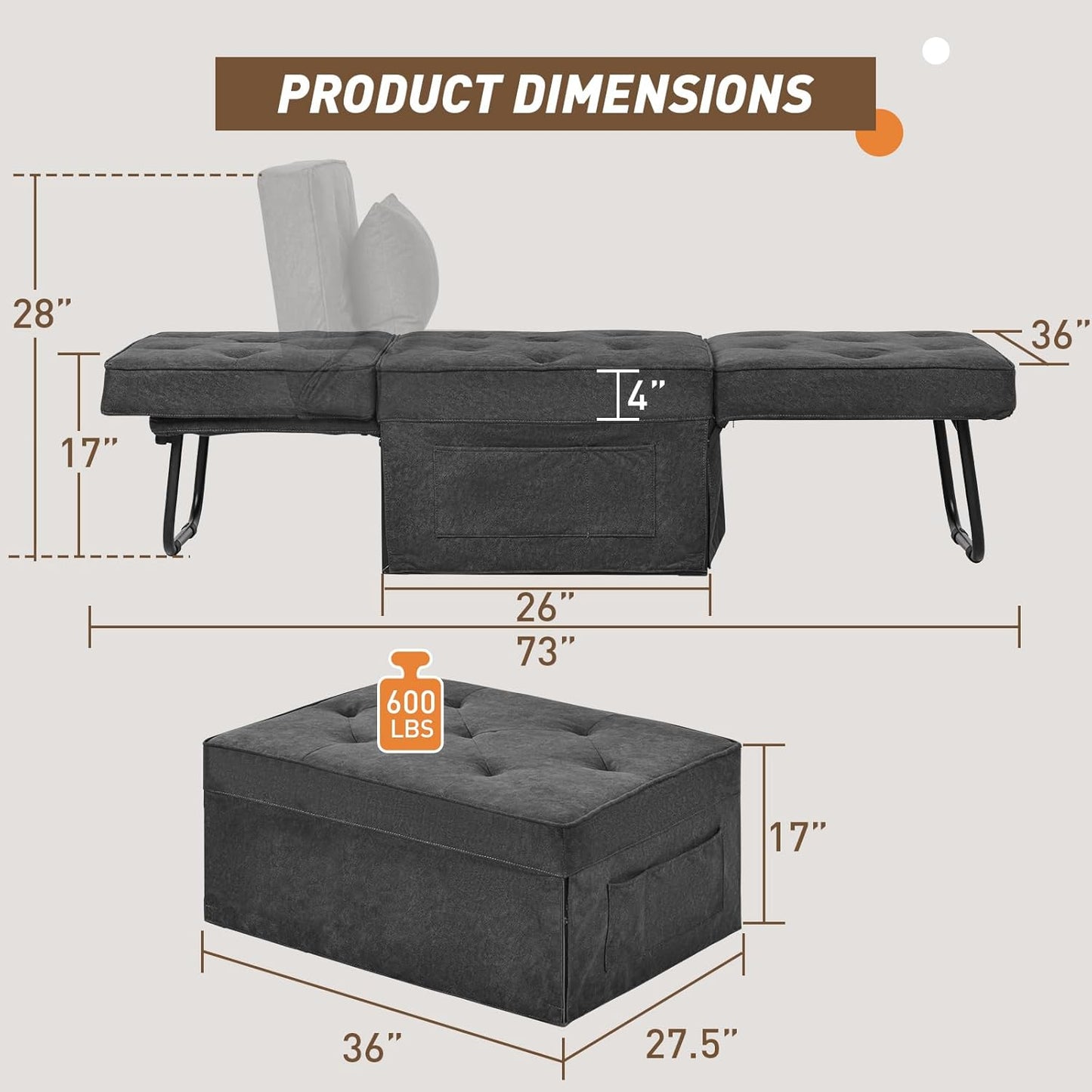 Modern 4-in-1 Sleeper Chair, Folding Sofa Bed Ottoman