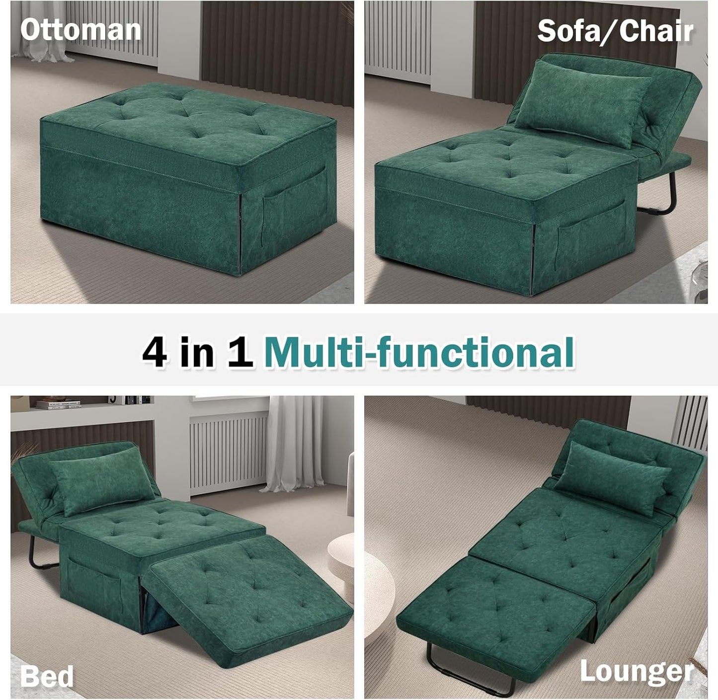 Modern 4-in-1 Sleeper Chair, Folding Sofa Bed Ottoman