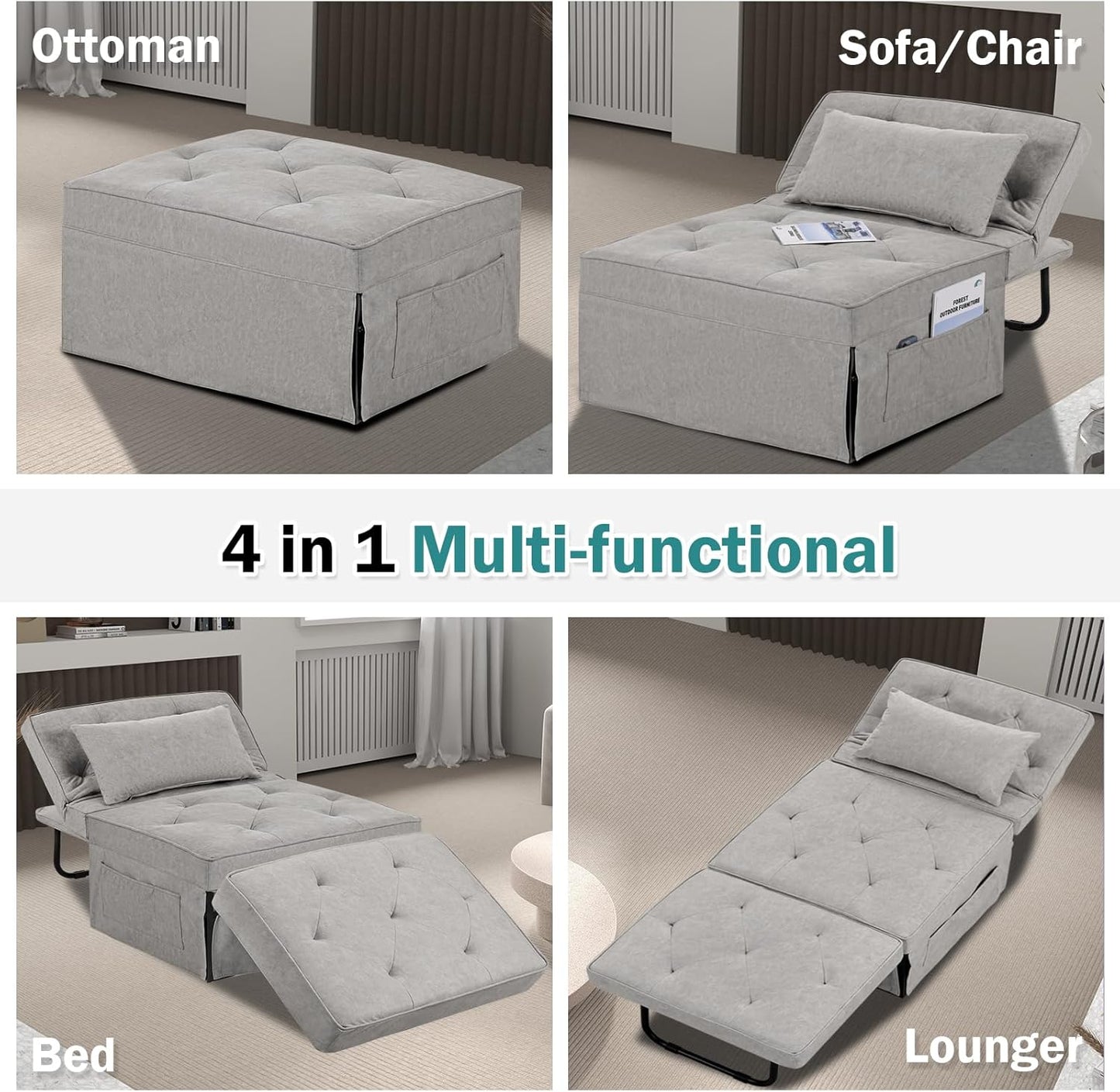 Modern 4-in-1 Sleeper Chair, Folding Sofa Bed Ottoman
