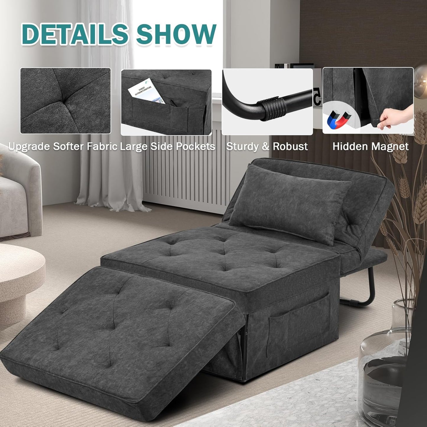 Modern 4-in-1 Sleeper Chair, Folding Sofa Bed Ottoman