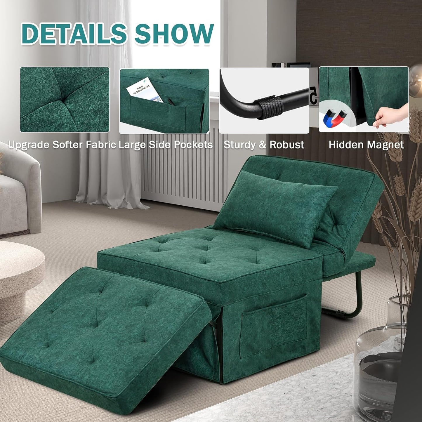 Modern 4-in-1 Sleeper Chair, Folding Sofa Bed Ottoman