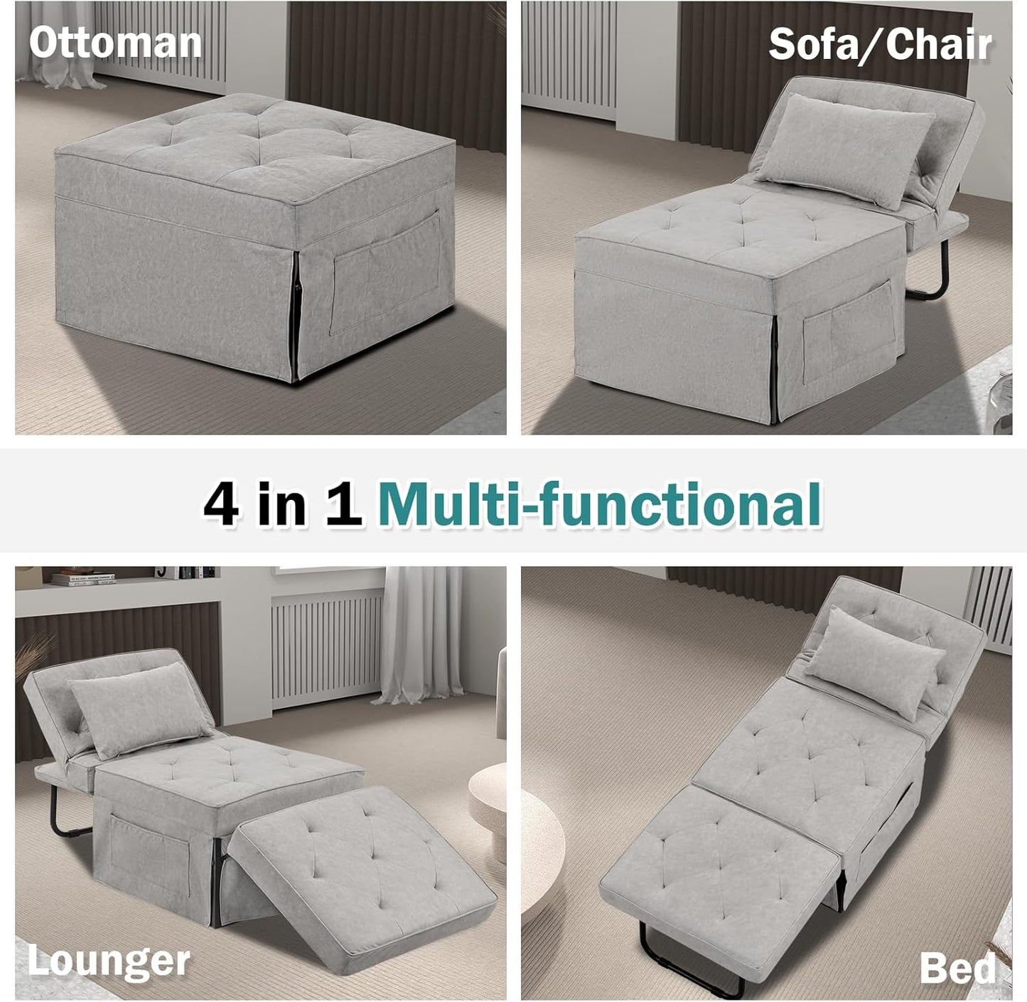 Modern 4-in-1 Sleeper Chair, Folding Sofa Bed Ottoman
