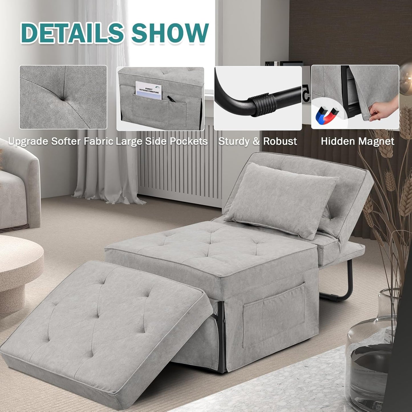 Modern 4-in-1 Sleeper Chair, Folding Sofa Bed Ottoman
