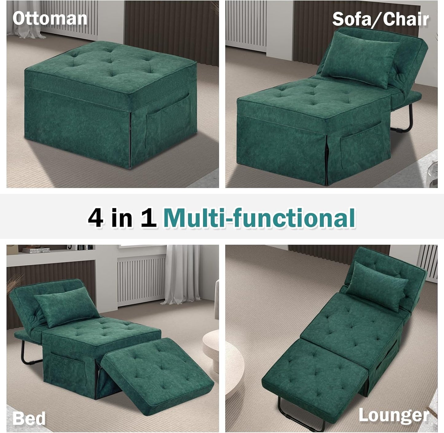 Modern 4-in-1 Sleeper Chair, Folding Sofa Bed Ottoman