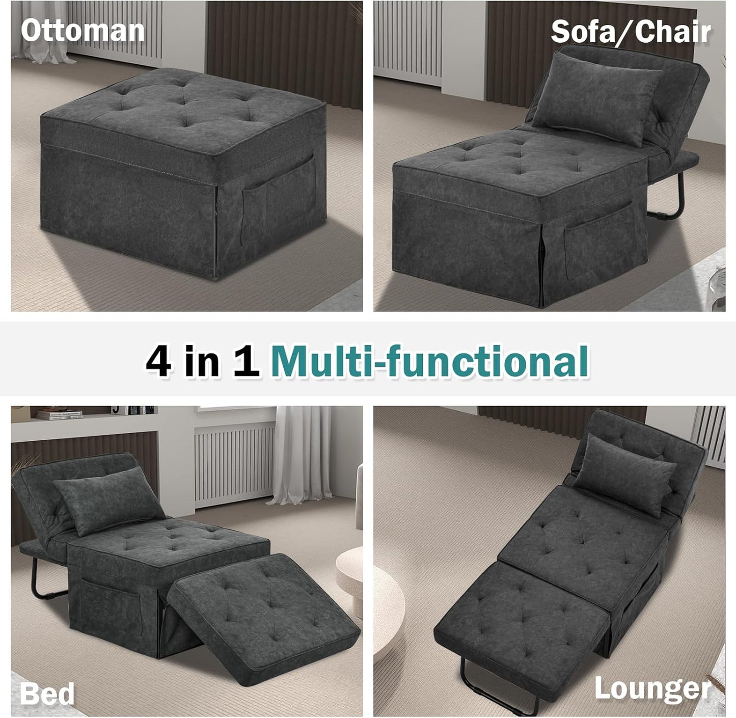 Modern 4-in-1 Sleeper Chair, Folding Sofa Bed Ottoman
