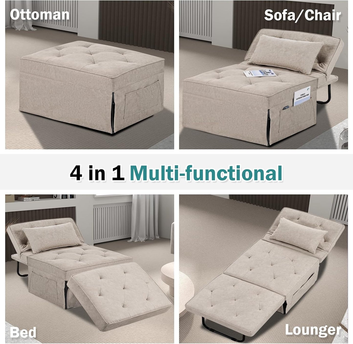 Modern 4-in-1 Sleeper Chair, Folding Sofa Bed Ottoman
