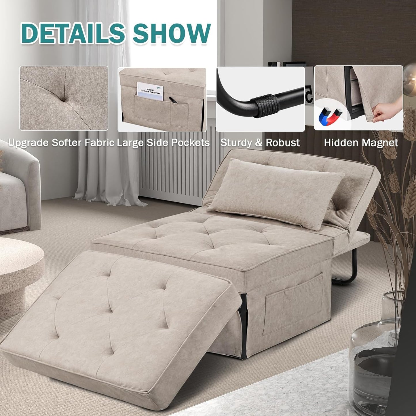 Modern 4-in-1 Sleeper Chair, Folding Sofa Bed Ottoman