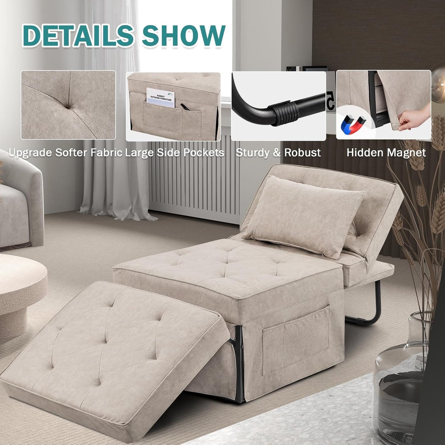Modern 4-in-1 Sleeper Chair, Folding Sofa Bed Ottoman