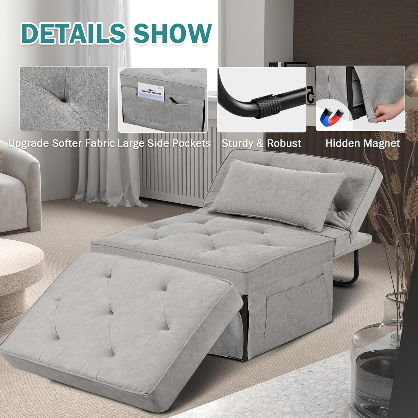 Modern 4-in-1 Sleeper Chair, Folding Sofa Bed Ottoman