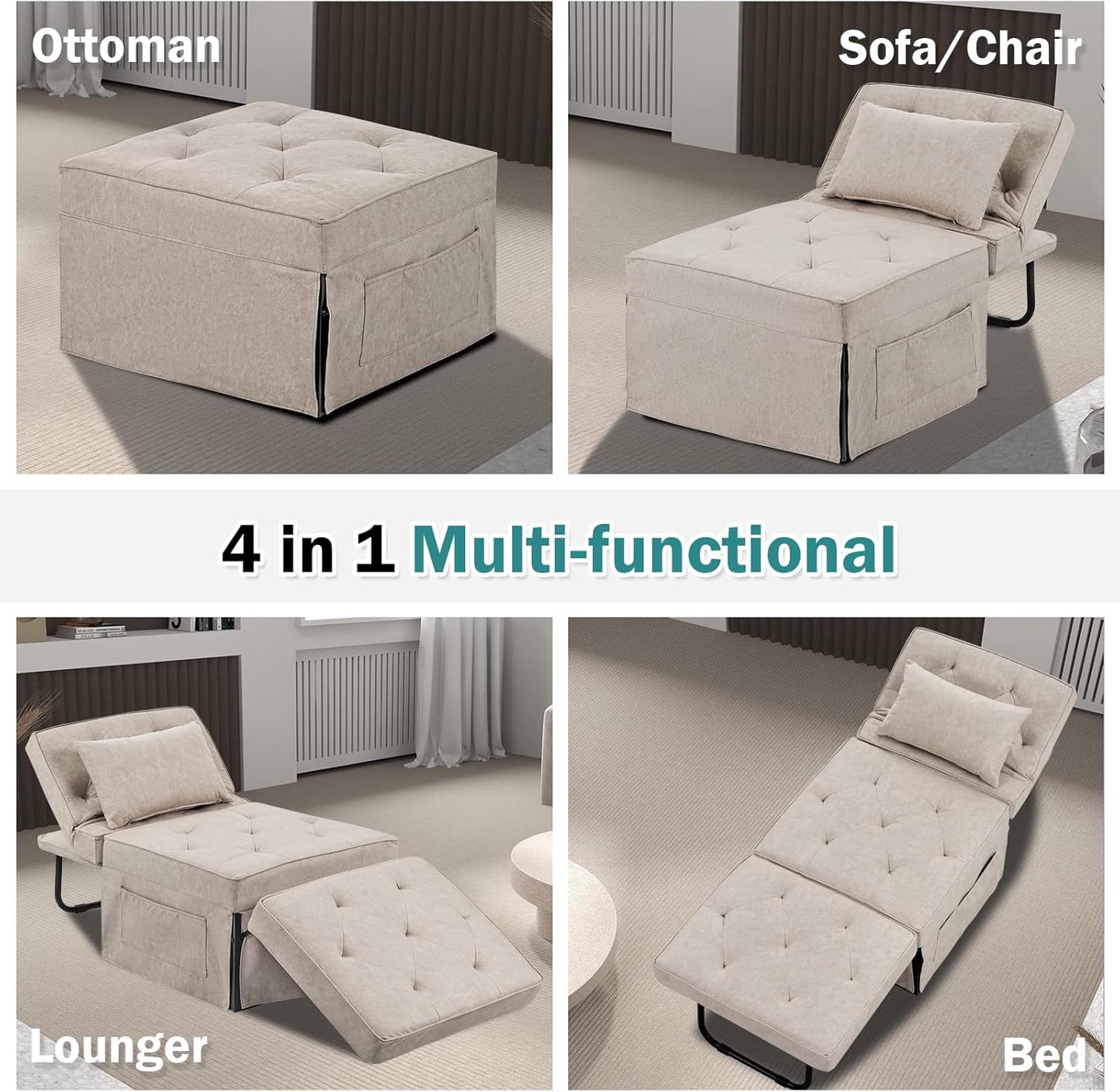 Modern 4-in-1 Sleeper Chair, Folding Sofa Bed Ottoman
