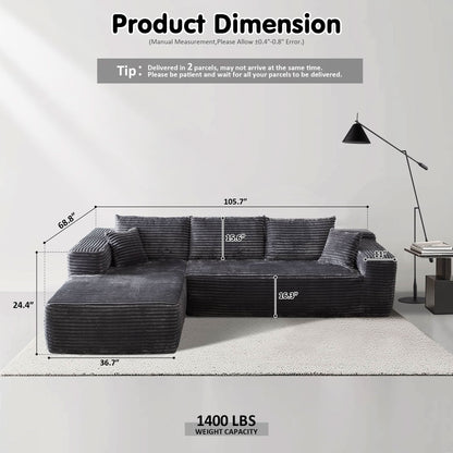 OVIOS 104" L-Shape Modular Couch with Chaise, Plush Corduroy Fabric, No Assembly Required